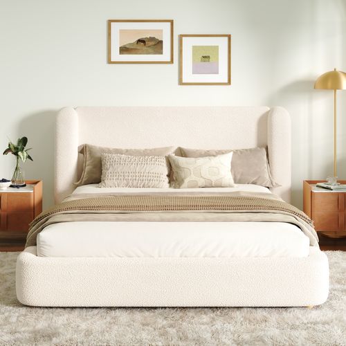 Lit Coffre 160 X 200 Cm Avec Tête De Lit Et Sommier à Lattes Boucle Beige