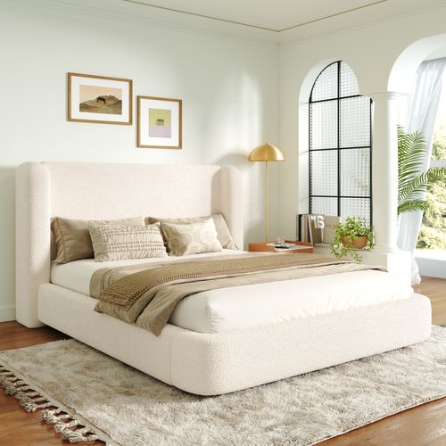 Lit Coffre 160 X 200 Cm Avec Tête De Lit Et Sommier à Lattes Boucle Beige