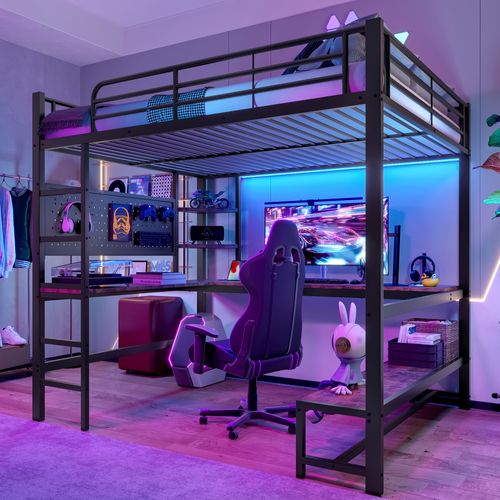 Lit Mezzanine 140 X 200 Cm Avec LED, USB, Bureau Et Étagères à Plusieurs Niveaux Noir