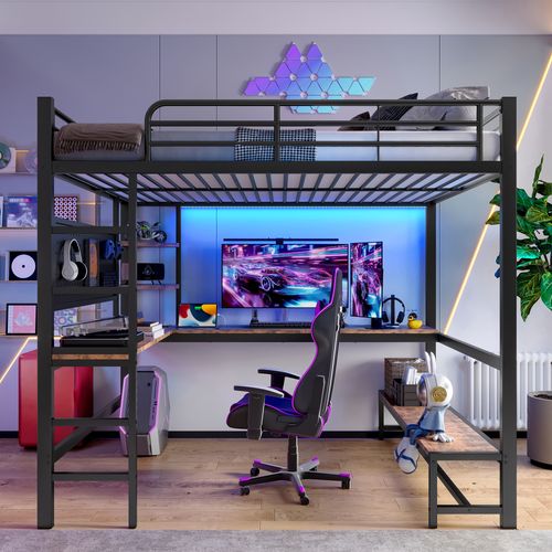 Lit Mezzanine 140 X 200 Cm Avec LED, USB, Bureau Et Étagères à Plusieurs Niveaux Noir