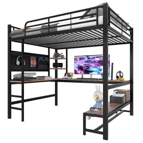 Lit Mezzanine 140 X 200 Cm Avec LED, USB, Bureau Et Étagères à Plusieurs Niveaux Noir