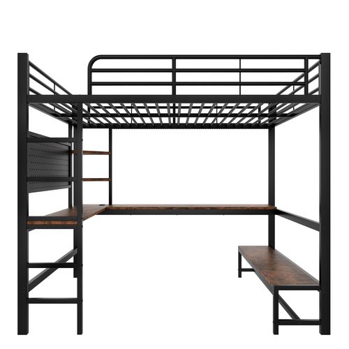 Lit Mezzanine 140 X 200 Cm Avec LED, USB, Bureau Et Étagères à Plusieurs Niveaux Noir