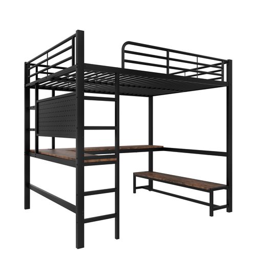 Lit Mezzanine 140 X 200 Cm Avec LED, USB, Bureau Et Étagères à Plusieurs Niveaux Noir