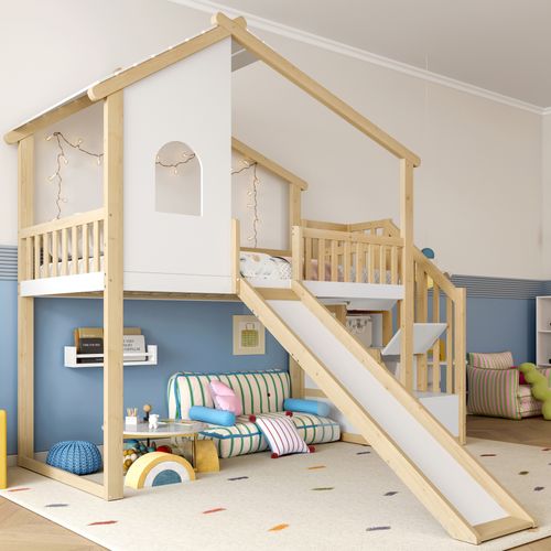 Lit Mezzanine Cabane 90x200 Cm Avec 2 Escaliers De Rangement Et Toboggans Blanc + Imitation Chêne