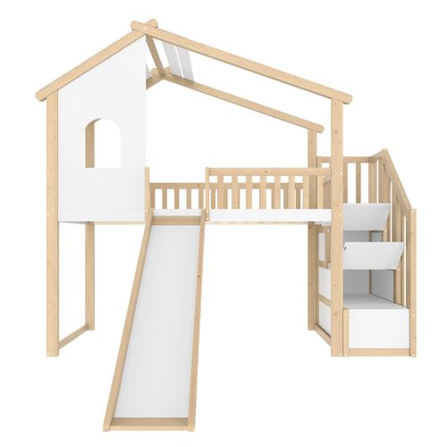 Lit Mezzanine Cabane 90x200 Cm Avec 2 Escaliers De Rangement Et Toboggans Blanc + Imitation Chêne