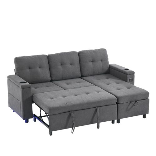 Canapé Angle Convertible Avec LED, USB, 2 Porte-gobelets Et Espace De Rangement Gris