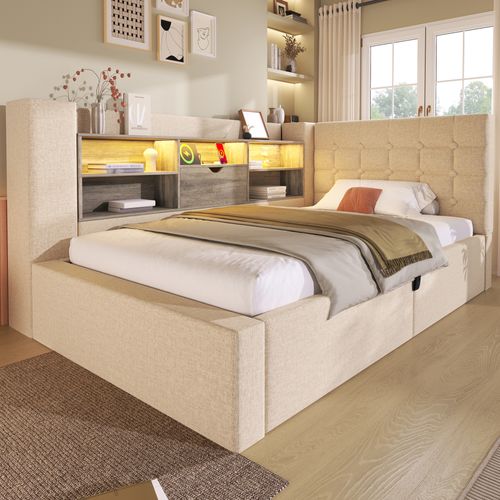 Lit Coffre 90x190 Cm Avec LED, Tête De Lit En Forme De L Avec Rangement Lin Beige