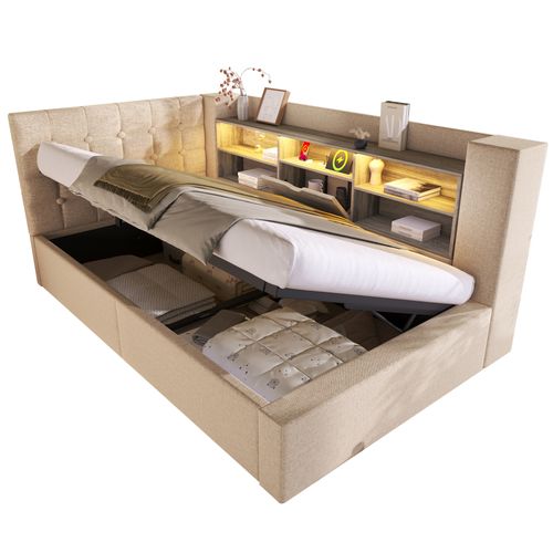 Lit Coffre 90x190 Cm Avec LED, Tête De Lit En Forme De L Avec Rangement Lin Beige