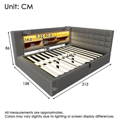 Lit Coffre 140x200 Cm Avec LED, Tête De Lit En Forme De L Avec Rangement Lin Gris