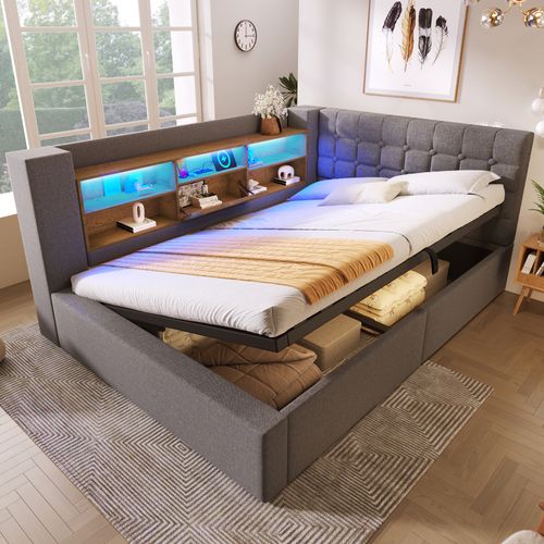 Lit Coffre 140x200 Cm Avec LED, Tête De Lit En Forme De L Avec Rangement Lin Gris