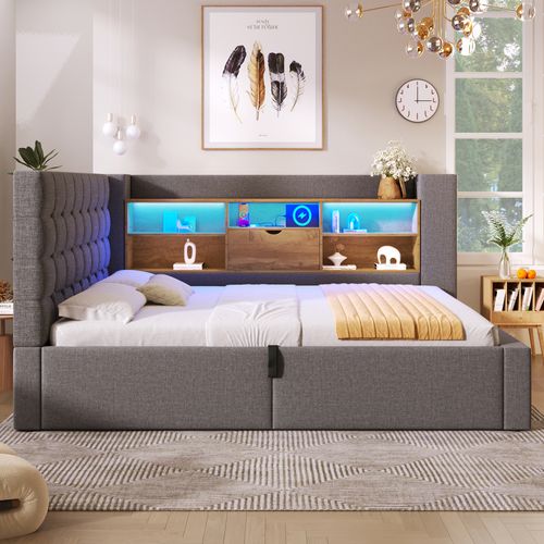 Lit Coffre 140x200 Cm Avec LED, Tête De Lit En Forme De L Avec Rangement Lin Gris