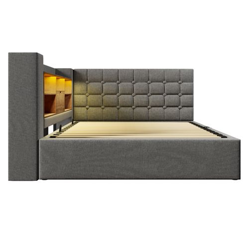 Lit Coffre 140x200 Cm Avec LED, Tête De Lit En Forme De L Avec Rangement Lin Gris