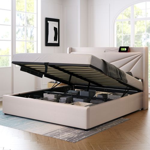 Lit Coffre 160 X 200cm Avec USB Lin En Beige - Lit Double But