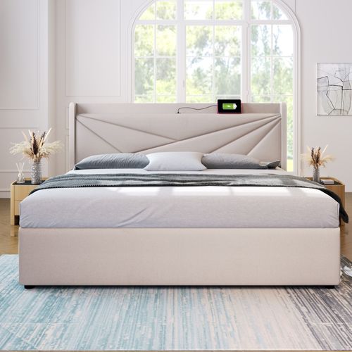 Lit Coffre 160 X 200cm Avec USB Lin En Beige - Lit Double But
