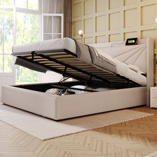 Lit Coffre 160 X 200cm Avec USB Lin En Beige - Lit Double But