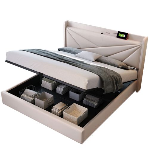 Lit Coffre 160 X 200cm Avec USB Lin En Beige - Lit Double But