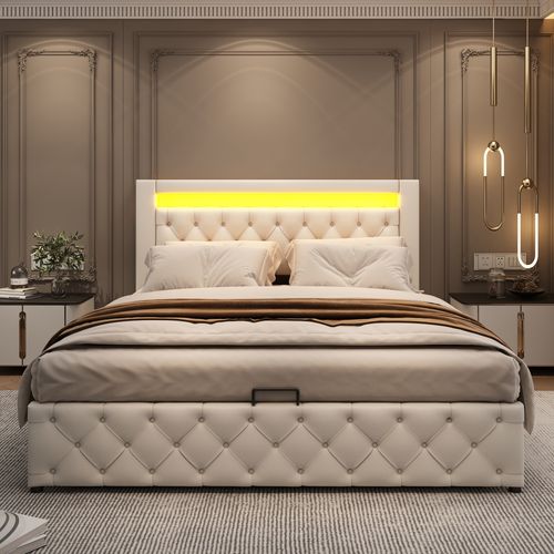 Lit 140x200 Cm Rembourré En Blanc Pu Luxe Avec Éclairage LED Et Coffre