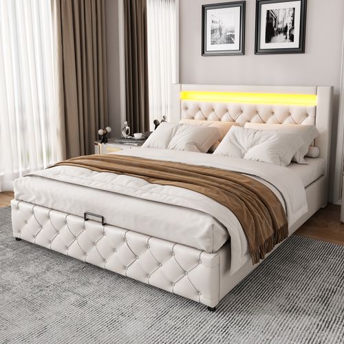 Lit 140x200 Cm Rembourré En Blanc Pu Luxe Avec Éclairage LED Et Coffre