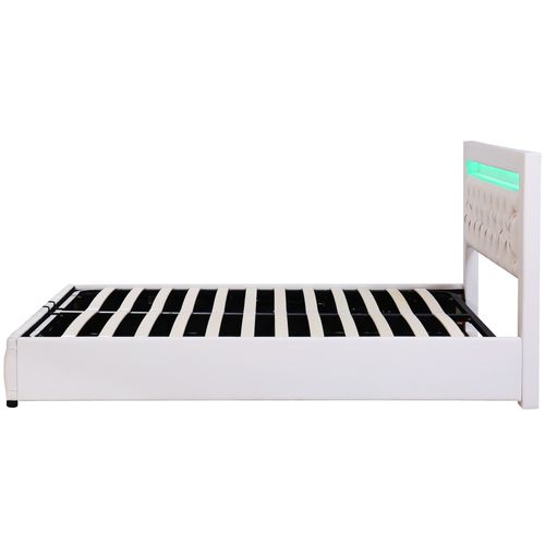 Lit 140x200 Cm Rembourré En Blanc Pu Luxe Avec Éclairage LED Et Coffre