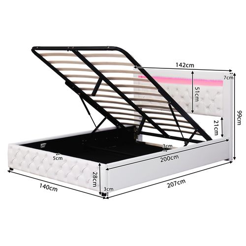 Lit 140x200 Cm Rembourré En Blanc Pu Luxe Avec Éclairage LED Et Coffre