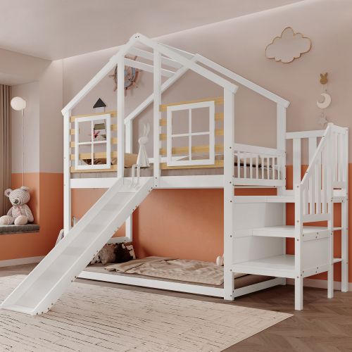 Lit Mezzanine Lit Cabane 90 X 200 Cm Avec Escaliers Et Toboggans En Blanc
