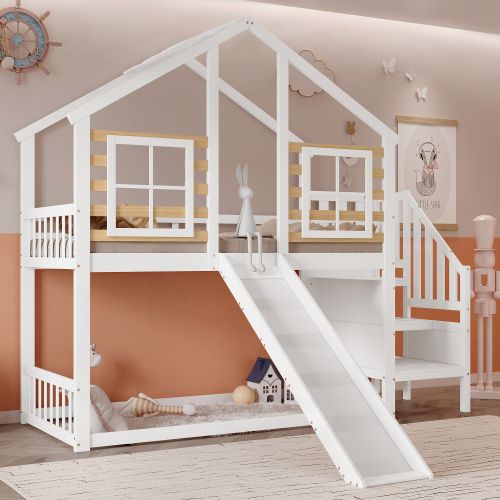 Lit Mezzanine Lit Cabane 90 X 200 Cm Avec Escaliers Et Toboggans En Blanc