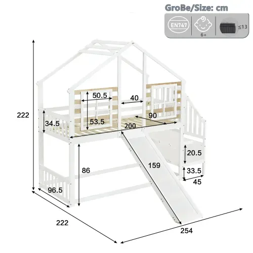 Lit Mezzanine Lit Cabane 90 X 200 Cm Avec Escaliers Et Toboggans En Blanc