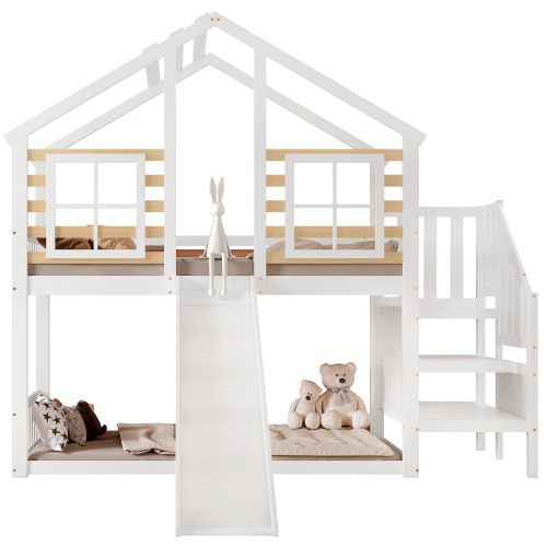 Lit Mezzanine Lit Cabane 90 X 200 Cm Avec Escaliers Et Toboggans En Blanc