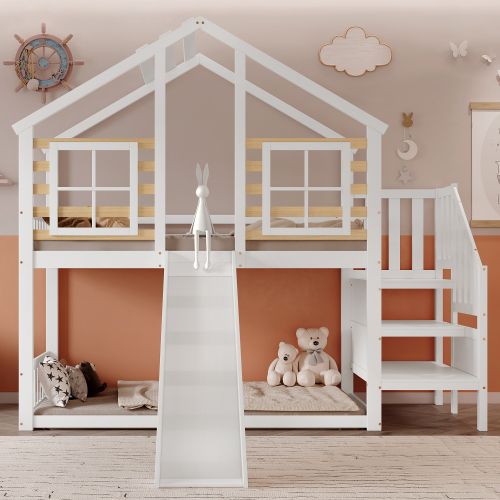 Lit Mezzanine Lit Cabane 90 X 200 Cm Avec Escaliers Et Toboggans En Blanc