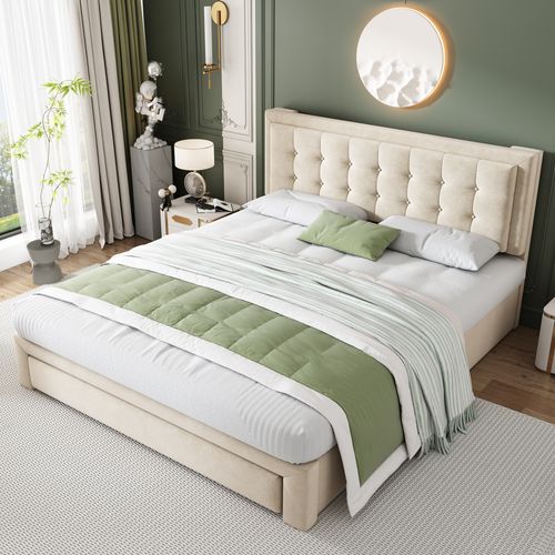 Lit Coffre 160 X 200 Cm Avec Tête De Lit Réglable En Hauteur Et 2 Tiroirs Velours En Beige