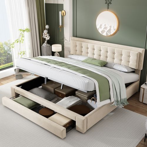 Lit Coffre 160 X 200 Cm Avec Tête De Lit Réglable En Hauteur Et 2 Tiroirs Velours En Beige