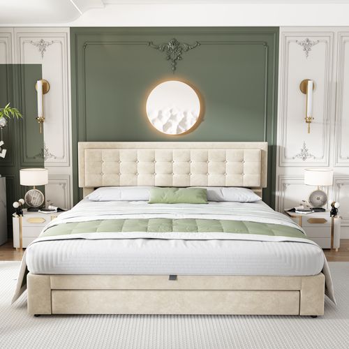 Lit Coffre 160 X 200 Cm Avec Tête De Lit Réglable En Hauteur Et 2 Tiroirs Velours En Beige