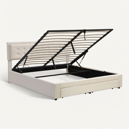 Lit Coffre 160 X 200 Cm Avec Tête De Lit Réglable En Hauteur Et 2 Tiroirs Velours En Beige