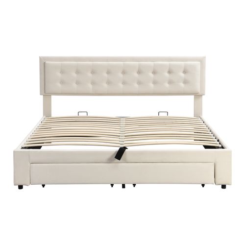 Lit Coffre 160 X 200 Cm Avec Tête De Lit Réglable En Hauteur Et 2 Tiroirs Velours En Beige