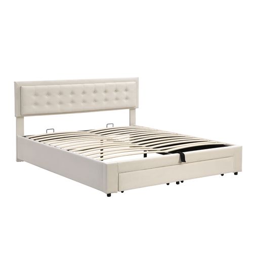 Lit Coffre 160 X 200 Cm Avec Tête De Lit Réglable En Hauteur Et 2 Tiroirs Velours En Beige