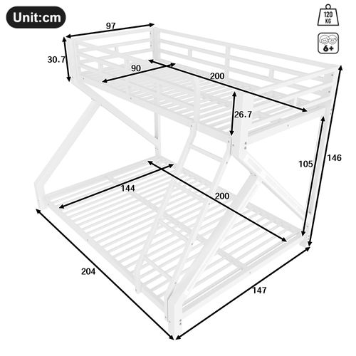 Lit Superposé 90 X 200 Cm + 140 X 200 Cm Avec LED En Fer Blanc