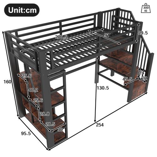 Lit Mezzanine 90 X 200 Cm Avec éclairage LED, Escalier Et étagères à Plusieurs Niveaux En Fer Noir
