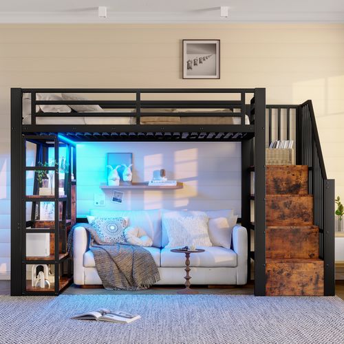 Lit Mezzanine 90 X 200 Cm Avec éclairage LED, Escalier Et étagères à Plusieurs Niveaux En Fer Noir