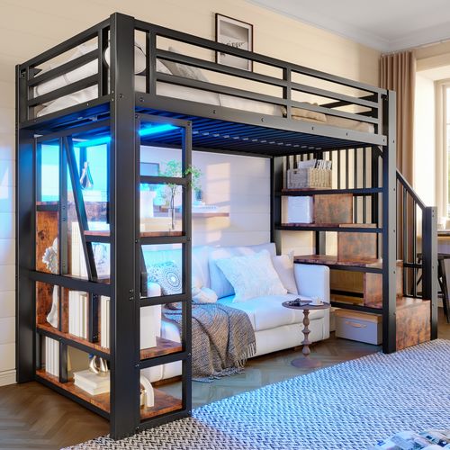 Lit Mezzanine 90 X 200 Cm Avec éclairage LED, Escalier Et étagères à Plusieurs Niveaux En Fer Noir