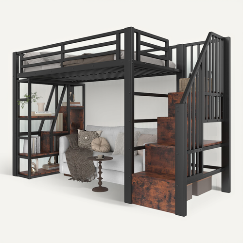 Lit Mezzanine 90 X 200 Cm Avec éclairage LED, Escalier Et étagères à Plusieurs Niveaux En Fer Noir