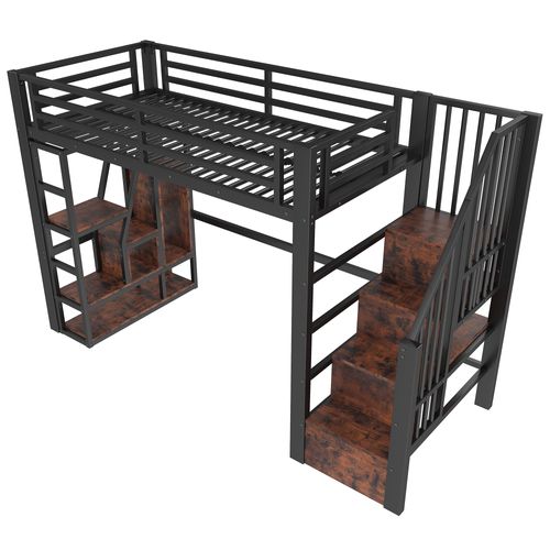 Lit Mezzanine 90 X 200 Cm Avec éclairage LED, Escalier Et étagères à Plusieurs Niveaux En Fer Noir