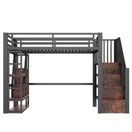 Lit Mezzanine 90 X 200 Cm Avec éclairage LED, Escalier Et étagères à Plusieurs Niveaux En Fer Noir