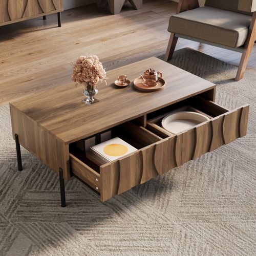 Table Basse Avec 2 Tiroirs Et Pieds En Métal Bois