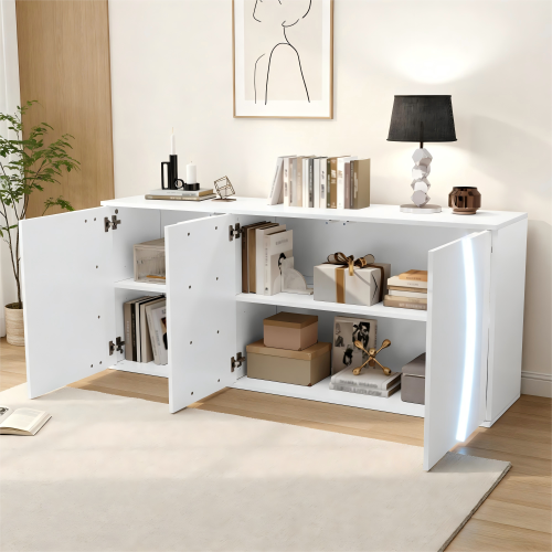Buffet De Salon à 3 Portes-meuble De Rangement LED-laqué Brillant-en Bois -blanc