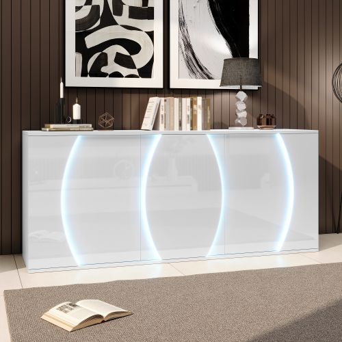 Buffet De Salon à 3 Portes-meuble De Rangement LED-laqué Brillant-en Bois -blanc