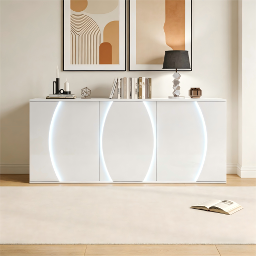 Buffet De Salon à 3 Portes-meuble De Rangement LED-laqué Brillant-en Bois -blanc