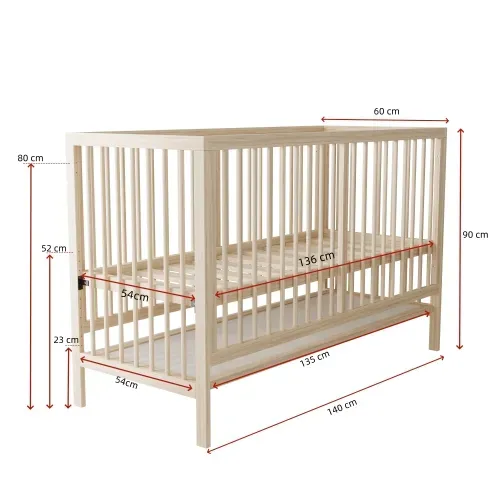 Lit Bébé 140x60 Cm - Evolutif 3 en 1 - En Bois Massif
