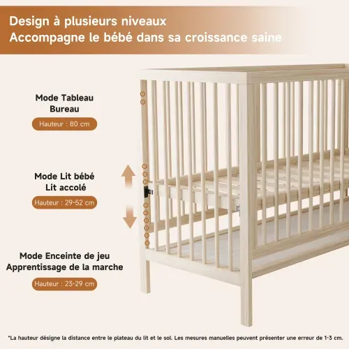 Lit Bébé 140x60 Cm - Evolutif 3 en 1 - En Bois Massif