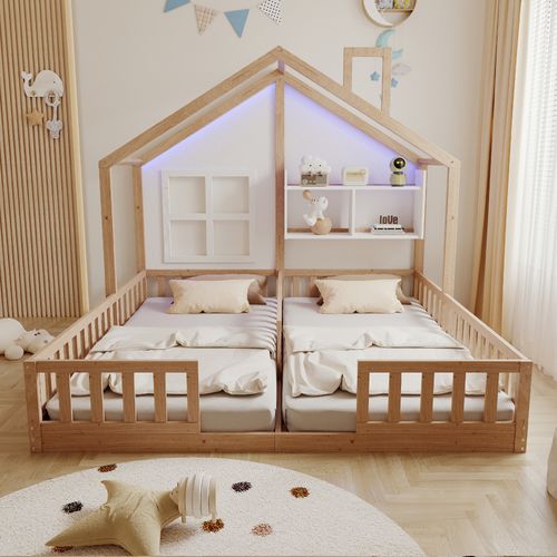 Lit Cabane Enfant 2 Couchages 90x200 Cm Avec Barrières De Sécurité, Étagères Et Éclairage LED, Bois