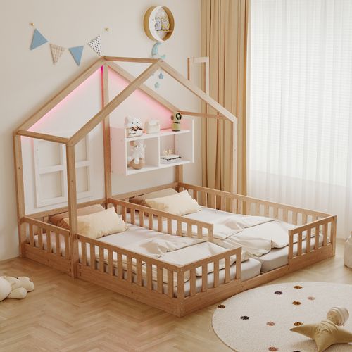 Lit Cabane Enfant 2 Couchages 90x200 Cm Avec Barrières De Sécurité, Étagères Et Éclairage LED, Bois